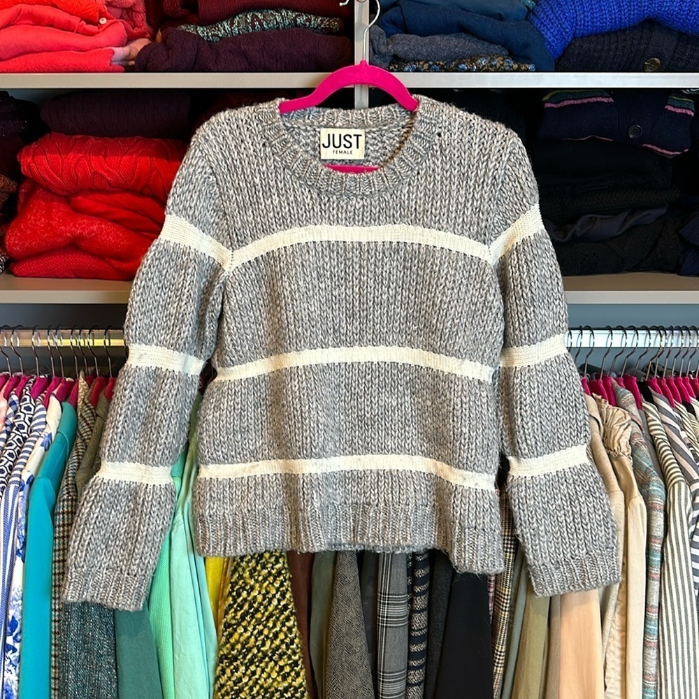 Just Female gray/white stripes knit long sleeve knit sweater size S​